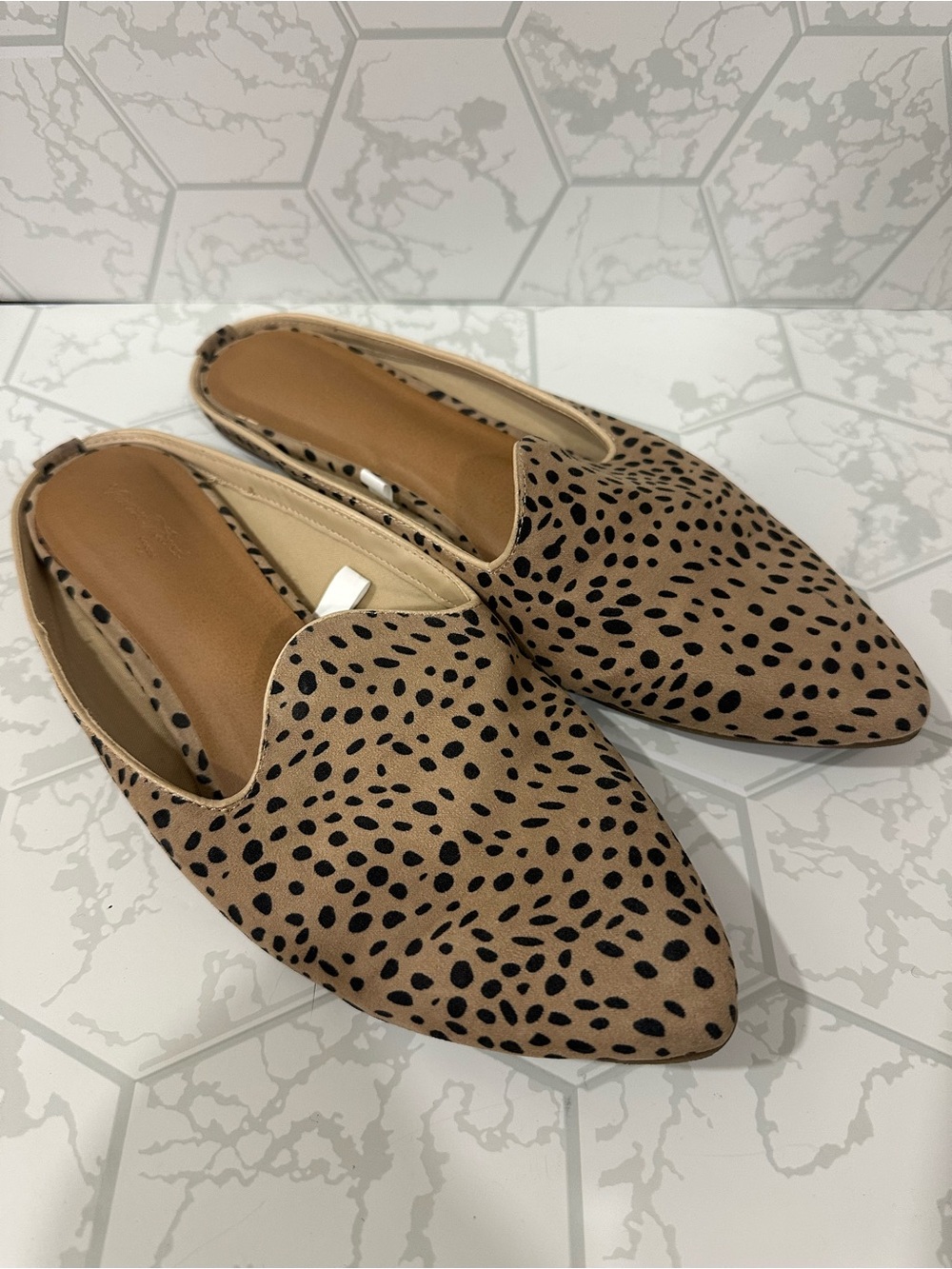 Universal Thread Tan Slip-On Pointed Mules with Black Spot Print
